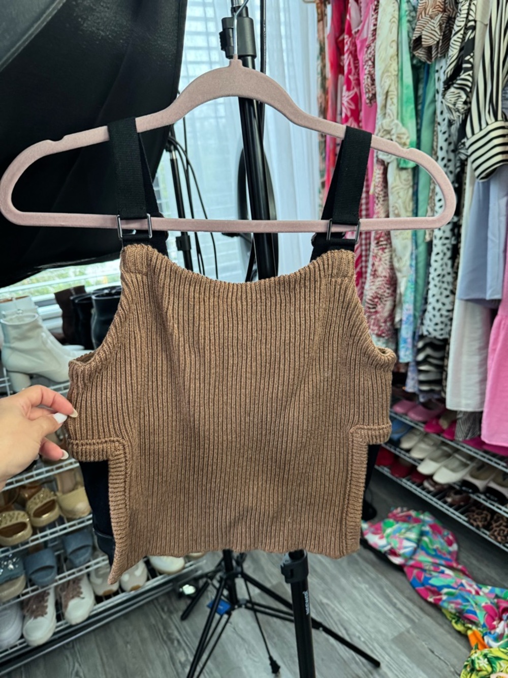 Anthropologie Ribbed Cropped Tank Top in Brown with Black Straps